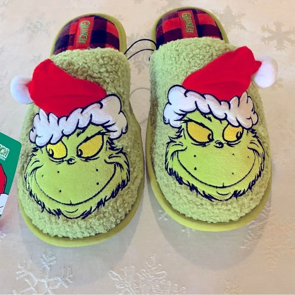 NWT Grinch Christmas Slippers with Santa Hat Big Girls Youth Sz 2/3 Gorgeous